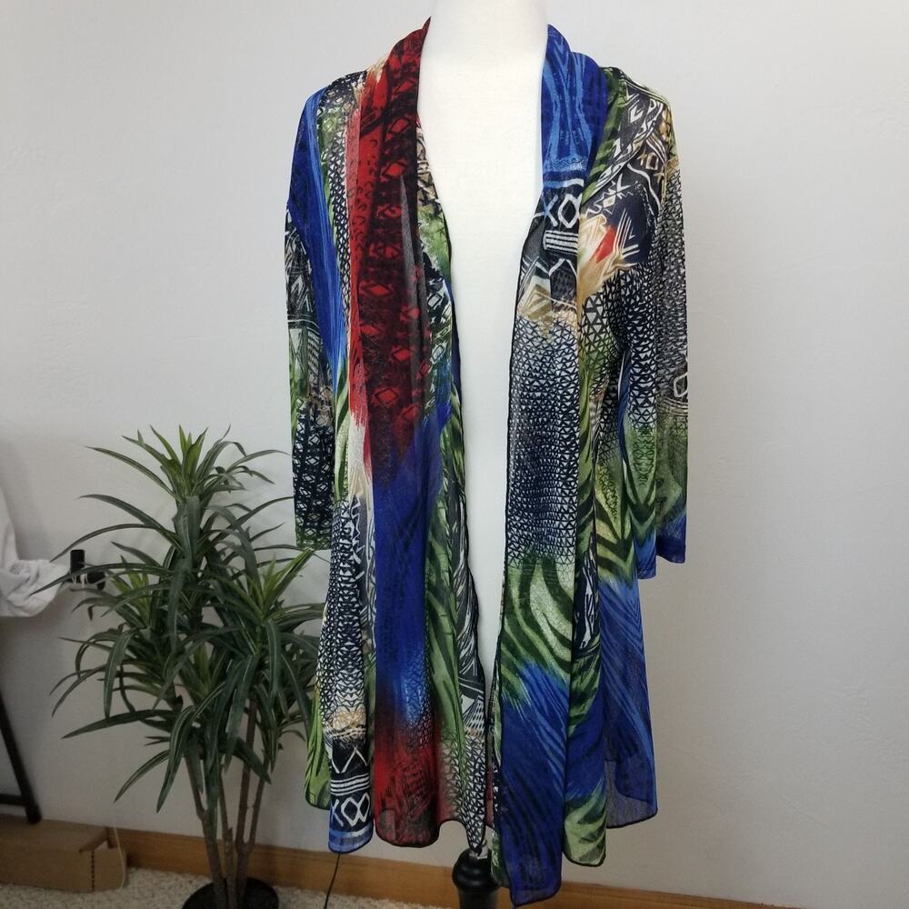 Creation Cardigan Womens Open Front Abstract Art to Wear Sheer Kimono